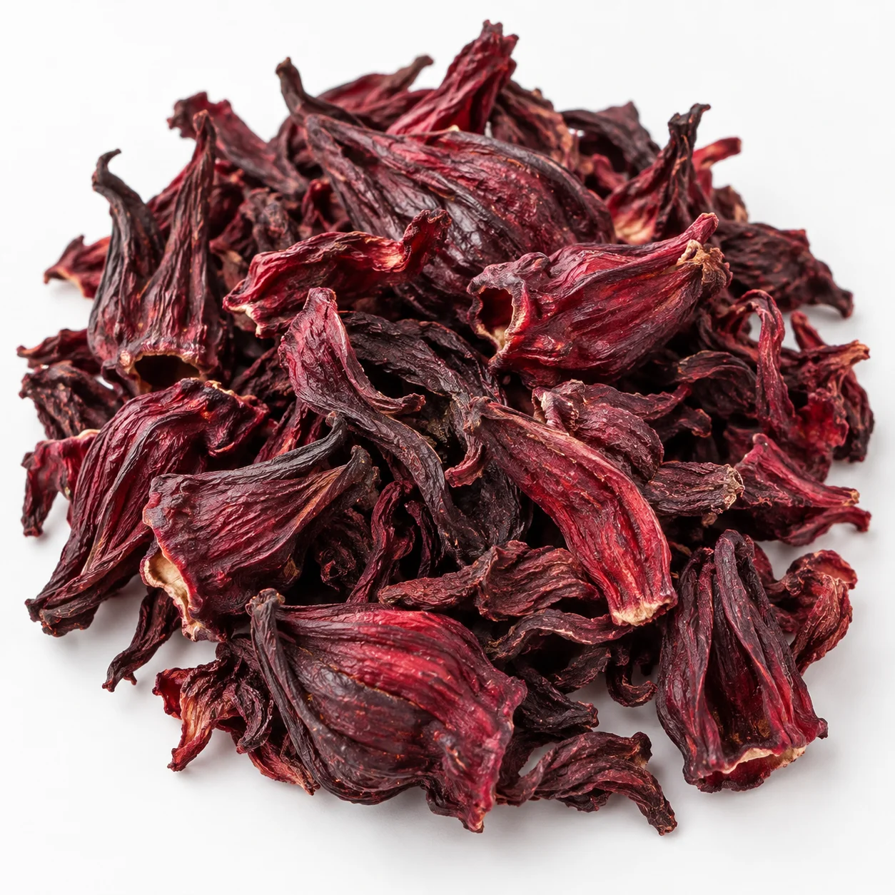 Hibiscus Flower 洛神花 display presentation of whole dried flowers for form and packing comparison