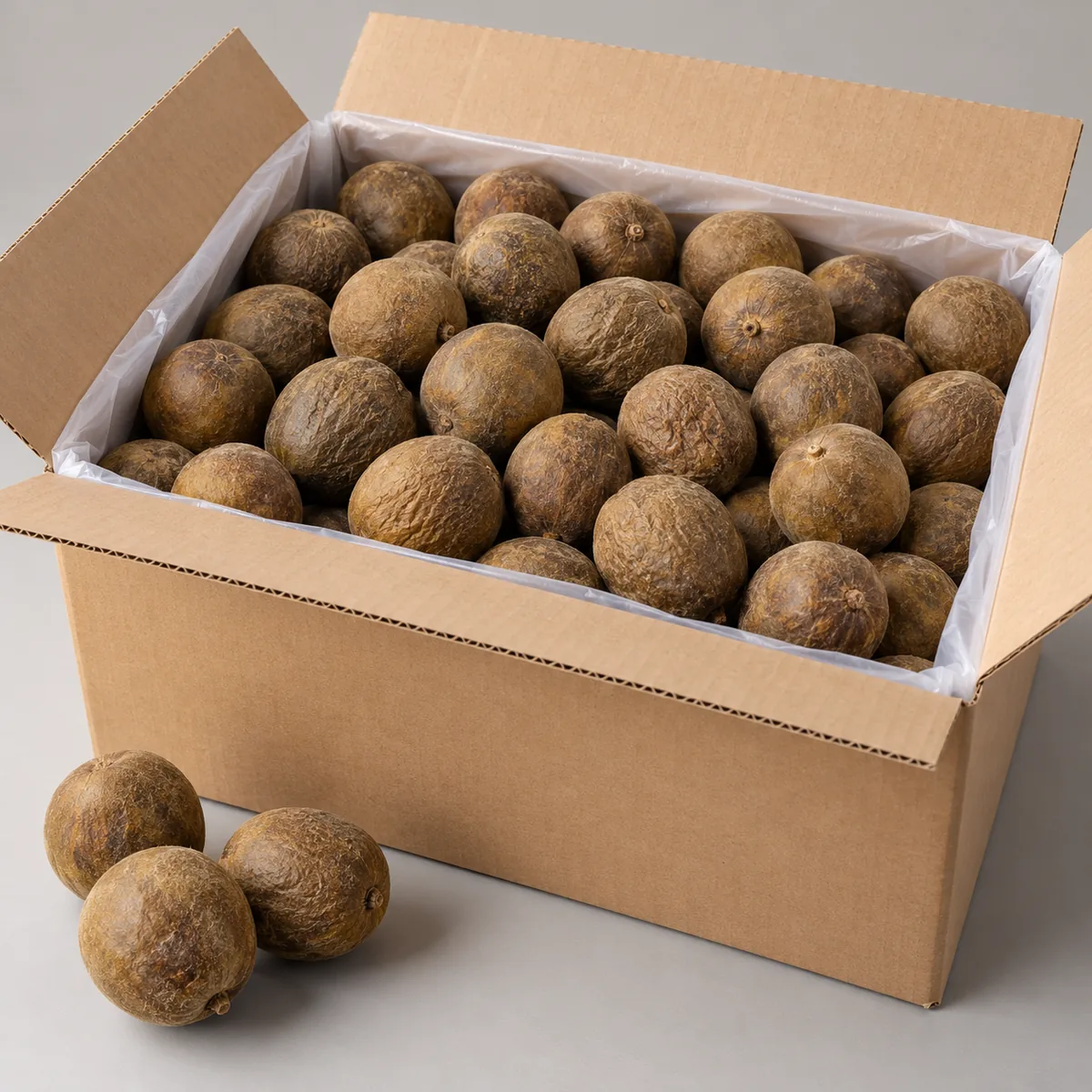 Luo Han Guo 罗汉果 bulk export carton packing context for packing and shipment discussion; studio reference image, not a verified batch photo, confirm the lot with supplier samples
